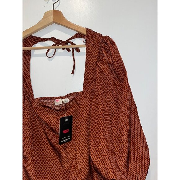 NWT Levis Rust Patterned Puff Sleeve Smocked Open Back Women's Top Size 2X - Picture 2 of 9